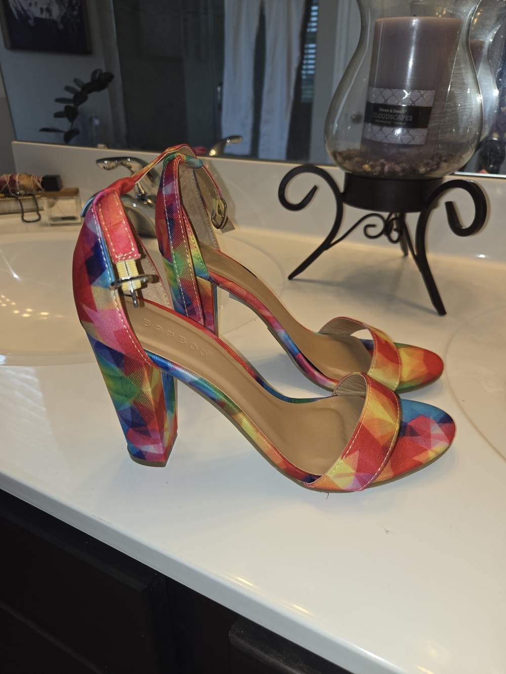 Multicolor Geometric Block Heel Sandals with Ankle Strap
